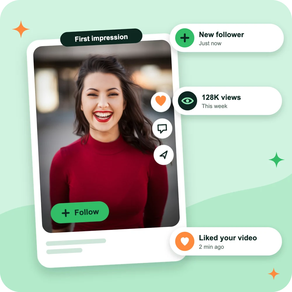 TikTok profile card with a smiling creator, follow button, new follower and views notifications